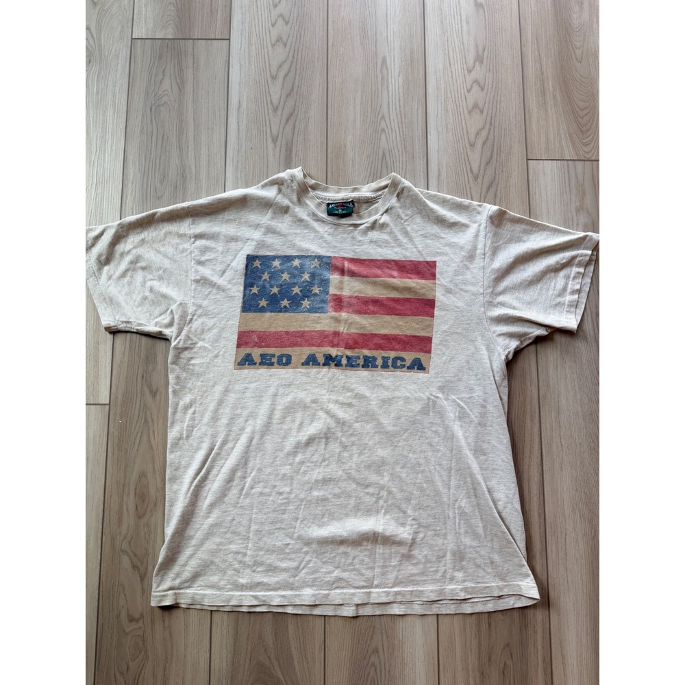 Vintage American Eagle Outfitters T-Shirt Mens XL Beige AEO America Flag 90s USA